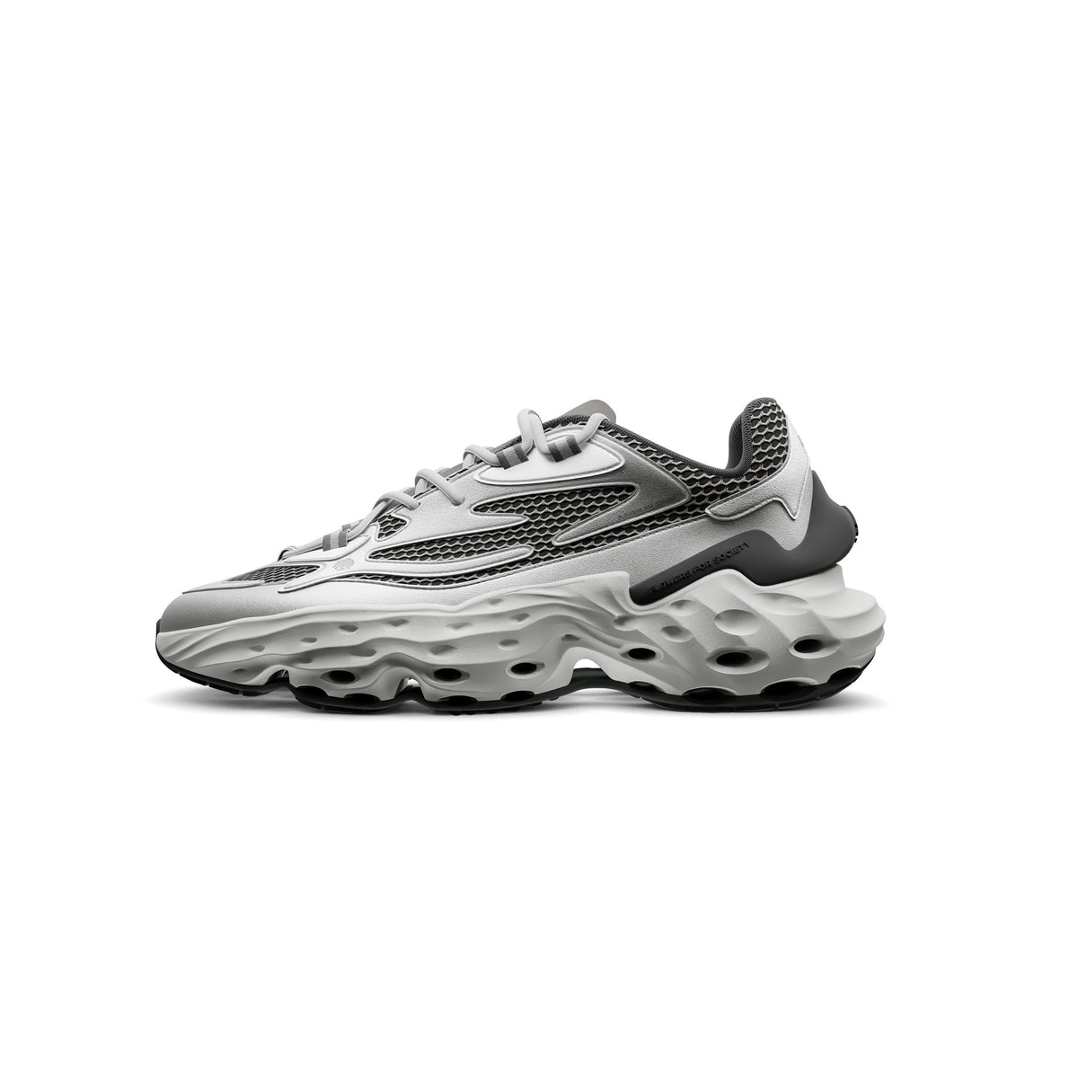 A pair of gray Seed.One STERLING athletic shoes with silver overlays and breathable mesh