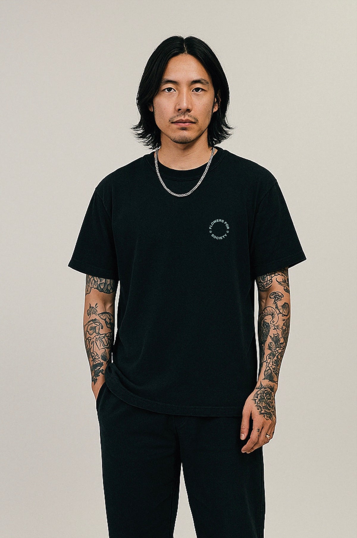 flowers for society tshirt dahlia front view black green